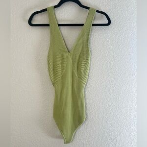 Abercrombie & Fitch Ribbed V-Neck One-Piece Bodysuit in Light Green